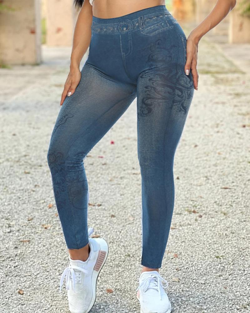 

Solid Color Splicing Print Skinny Faux Jean Pants, Style1