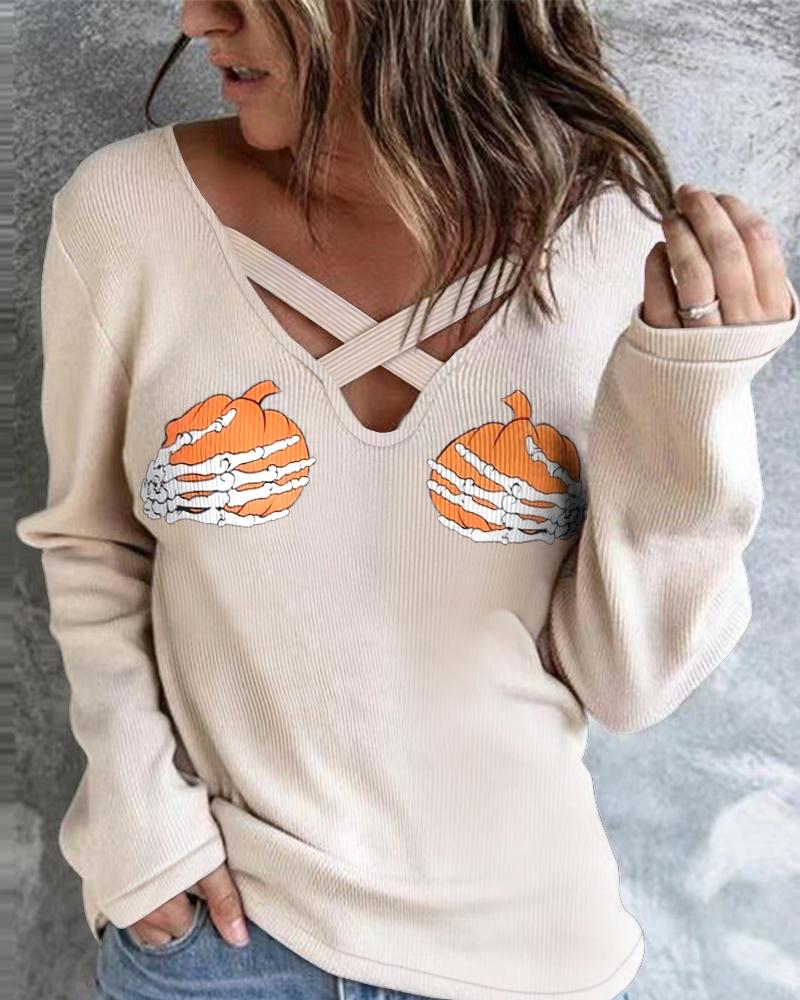 

Halloween Pumpkin Skeleton Print Long Sleeve Top, Apricot