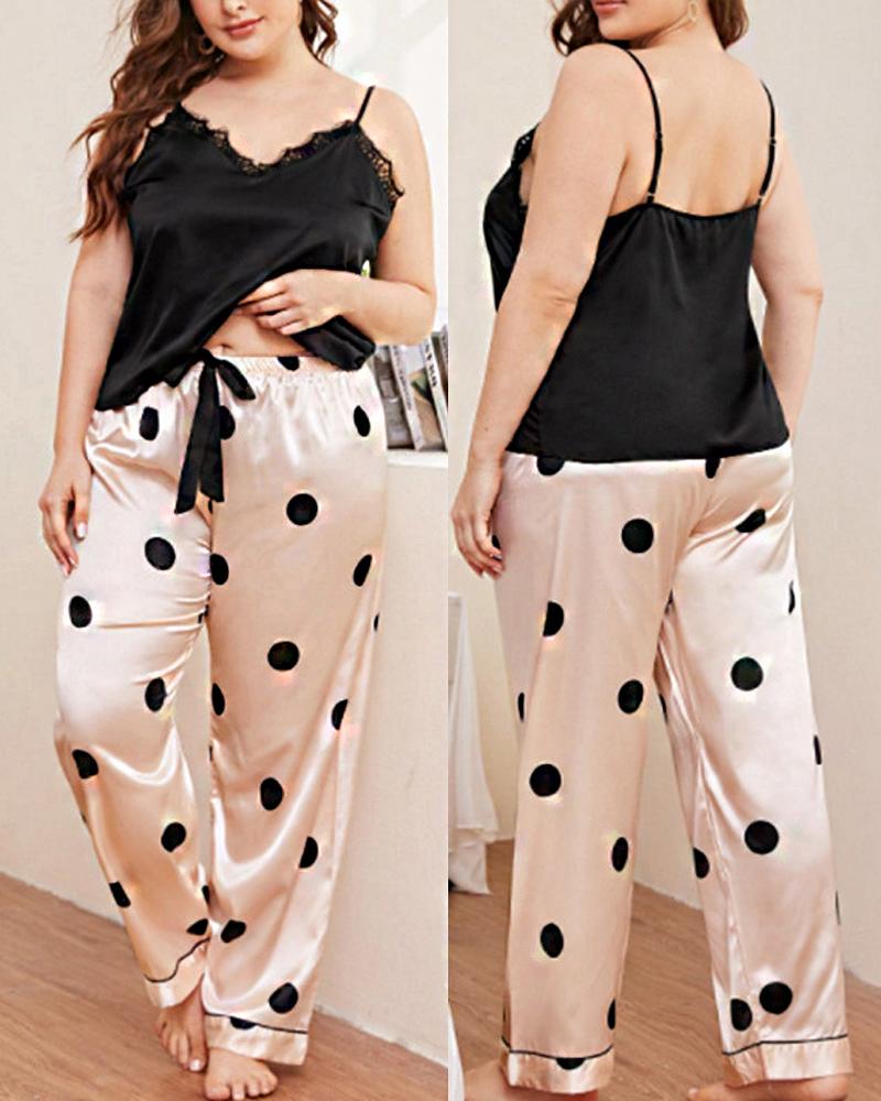 

Plus Size Polka Dot Print Lace Trim Cami Set, Black