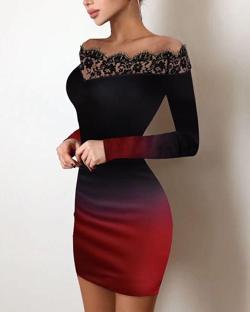 

Ombre Off Shoulder Lace Trim Bodycon Dress, Black