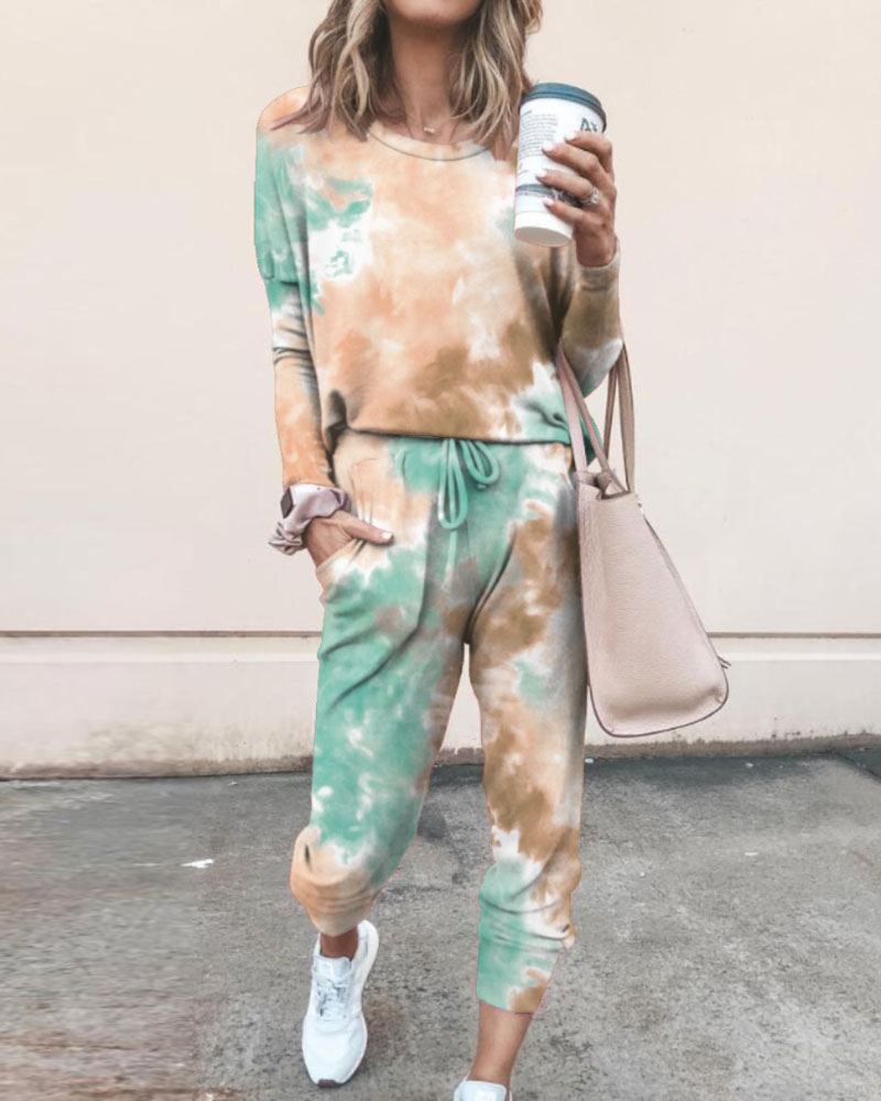 

Tie Dye Print Top & Drawstring Pants Set, Green