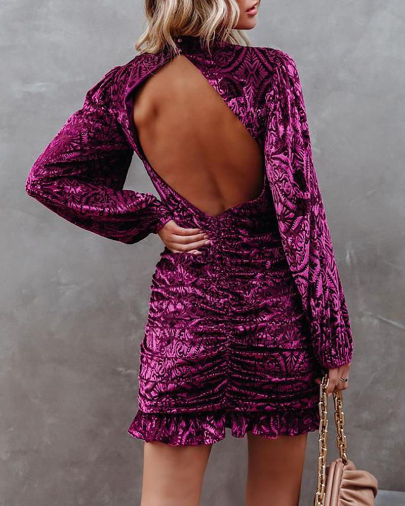 

Tribal Print Backless Lantern Sleeve Frill Hem Velvet Dress, Purple