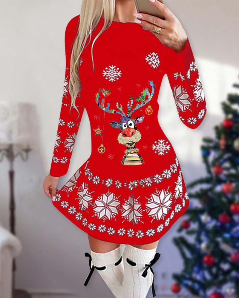 

Christmas Cartoon Elk Snowflake Print Long Sleeve Dress, Red