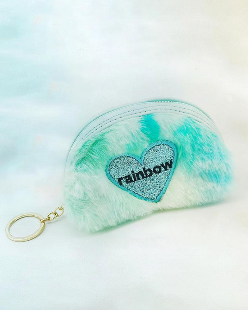 

Fuzzy Heart Pattern Zipper Design Key Ring Bag, Green