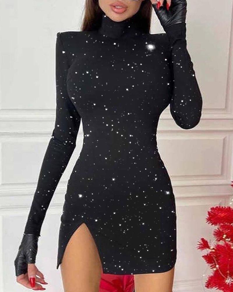 

Padded Shoulder Slit Glitter Bodycon Dress, Black