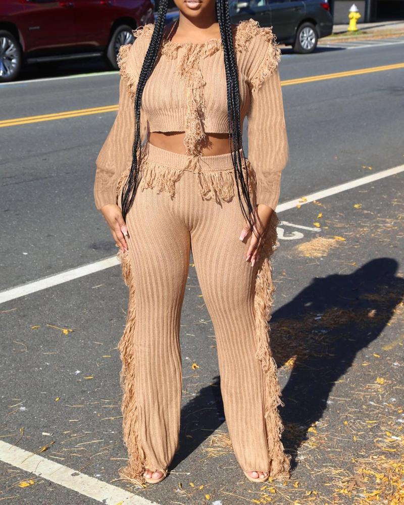 

Fringe Trim Long Sleeve Crop Top & Pants Set, Khaki