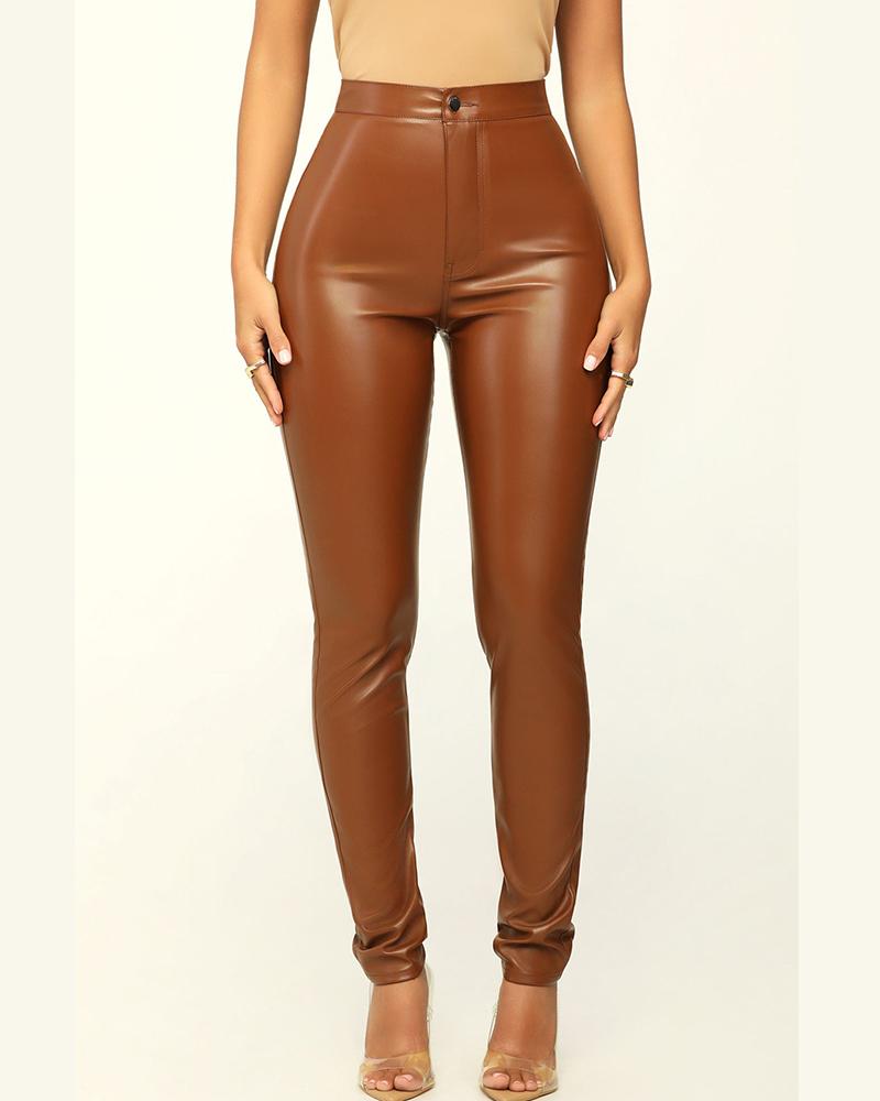 

High Waist PU Leather Pocket Design Pants, Brown