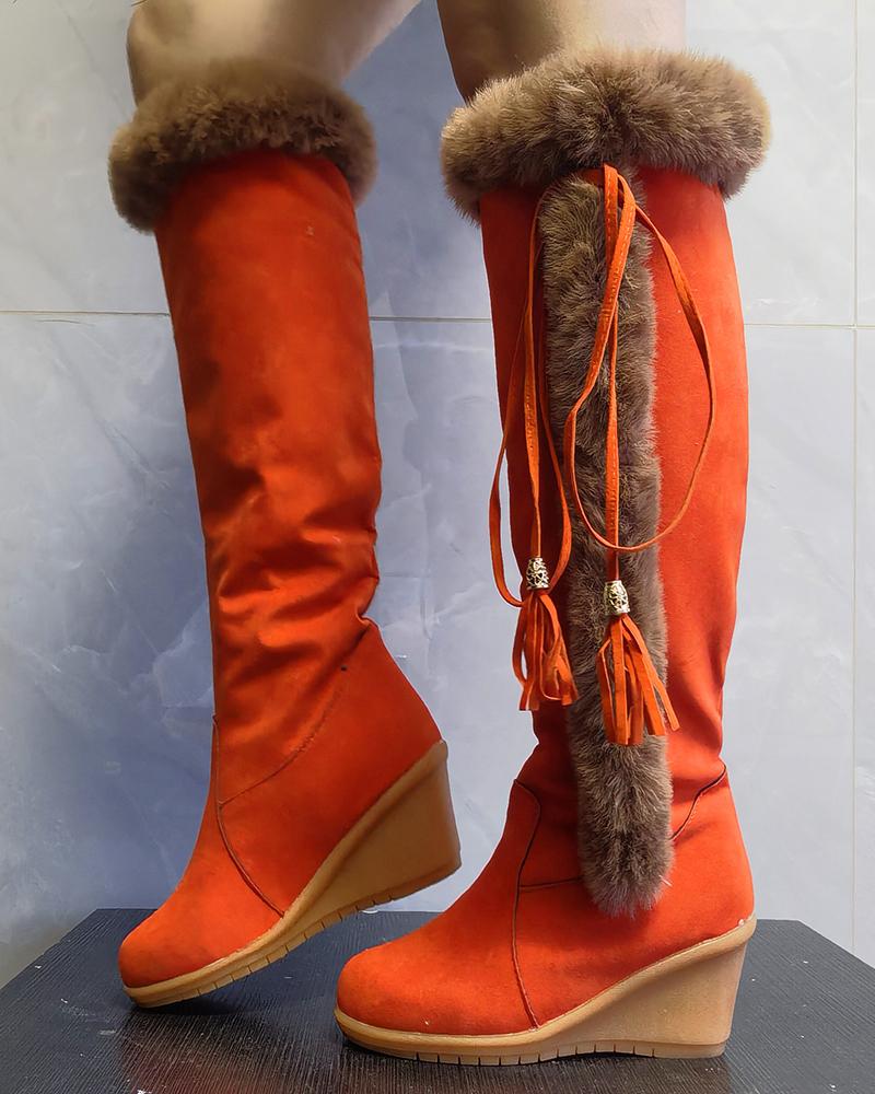 

Fuzzy Trim Tassel Lined Wedge Boots, Orange