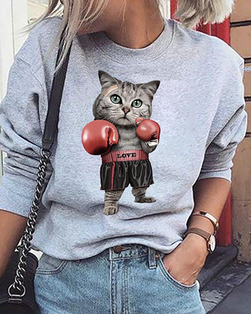 

Cat Print Long Sleeve Sweatshirt, Gray
