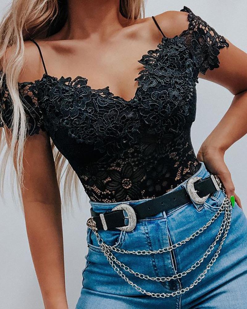 

Crochet Lace Cold Shoulder Skinny Top, Black