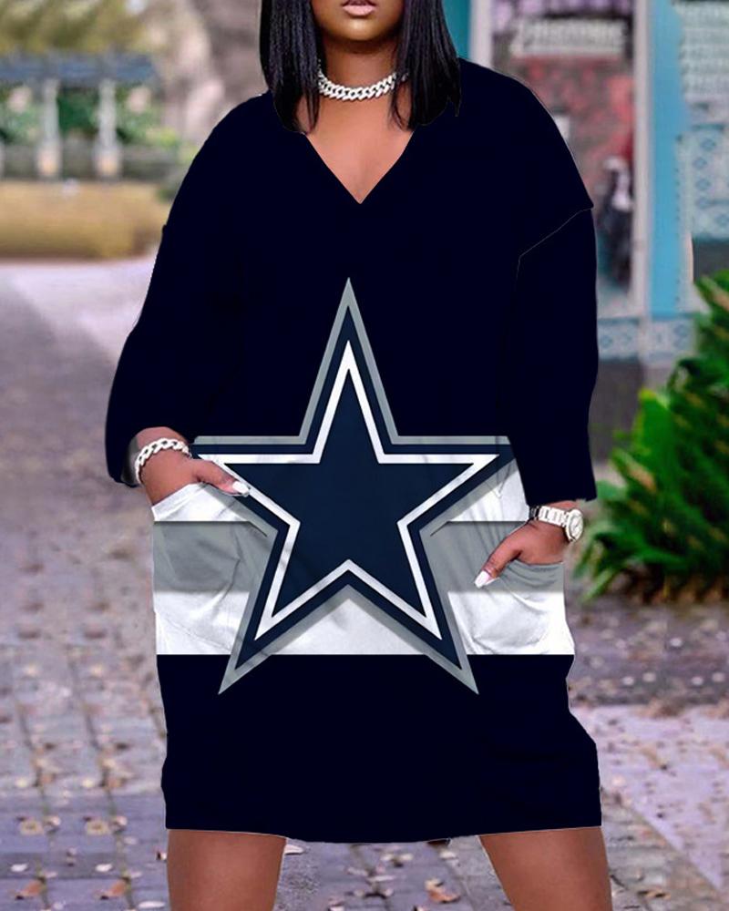 

Plus Size NFL Print Long Sleeve Casual Dress, Black