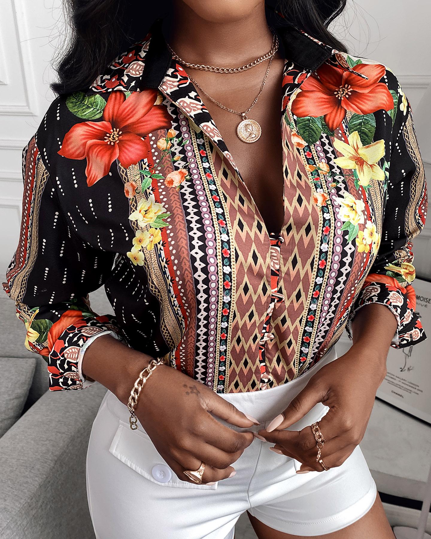 

Floral Print Button Design Long Sleeve Shirt, Black