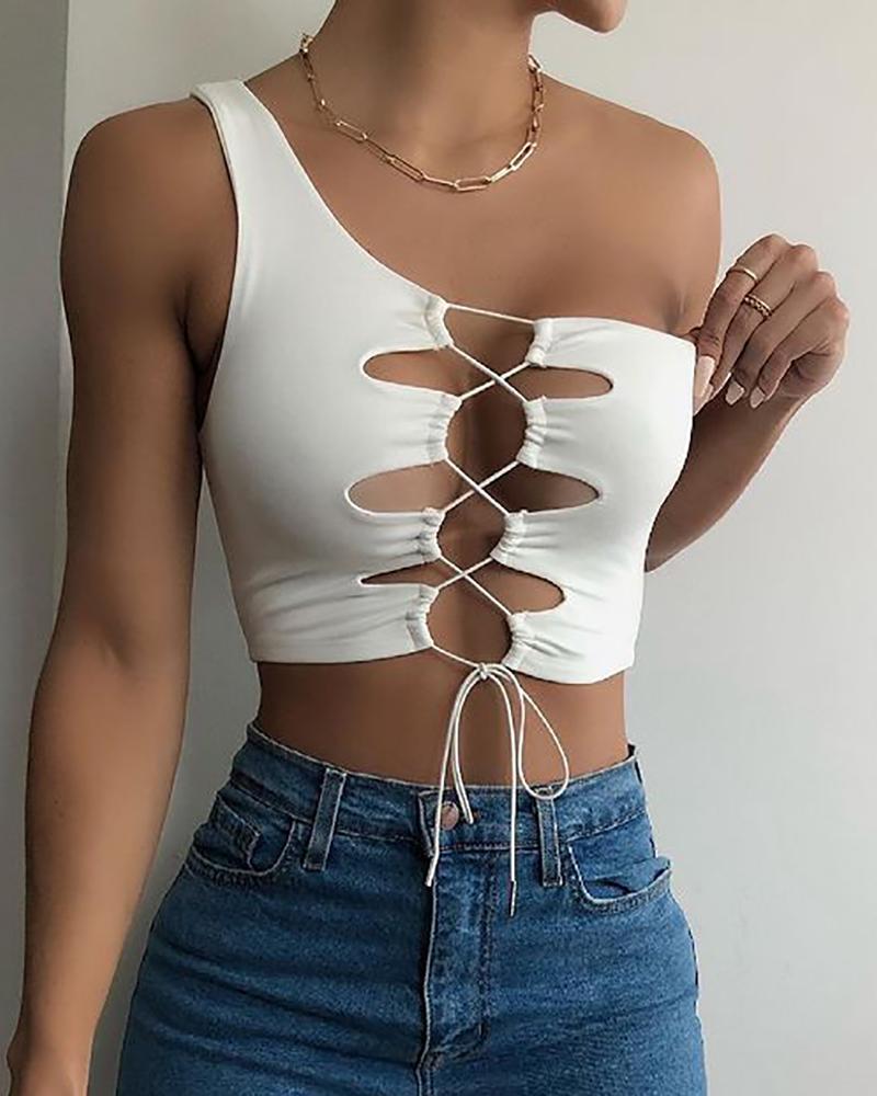 

One Shoulder Lace-up Cutout Crop Top, White