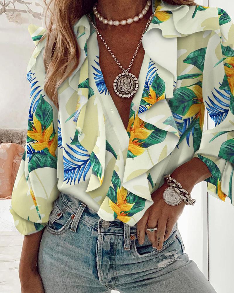 

Tropical Print Ruffle Hem Flounce Sleeve Top, Yellow