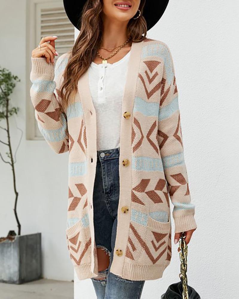 

Aztec Geometric Pattern Open Front Knit Cardigan, Apricot