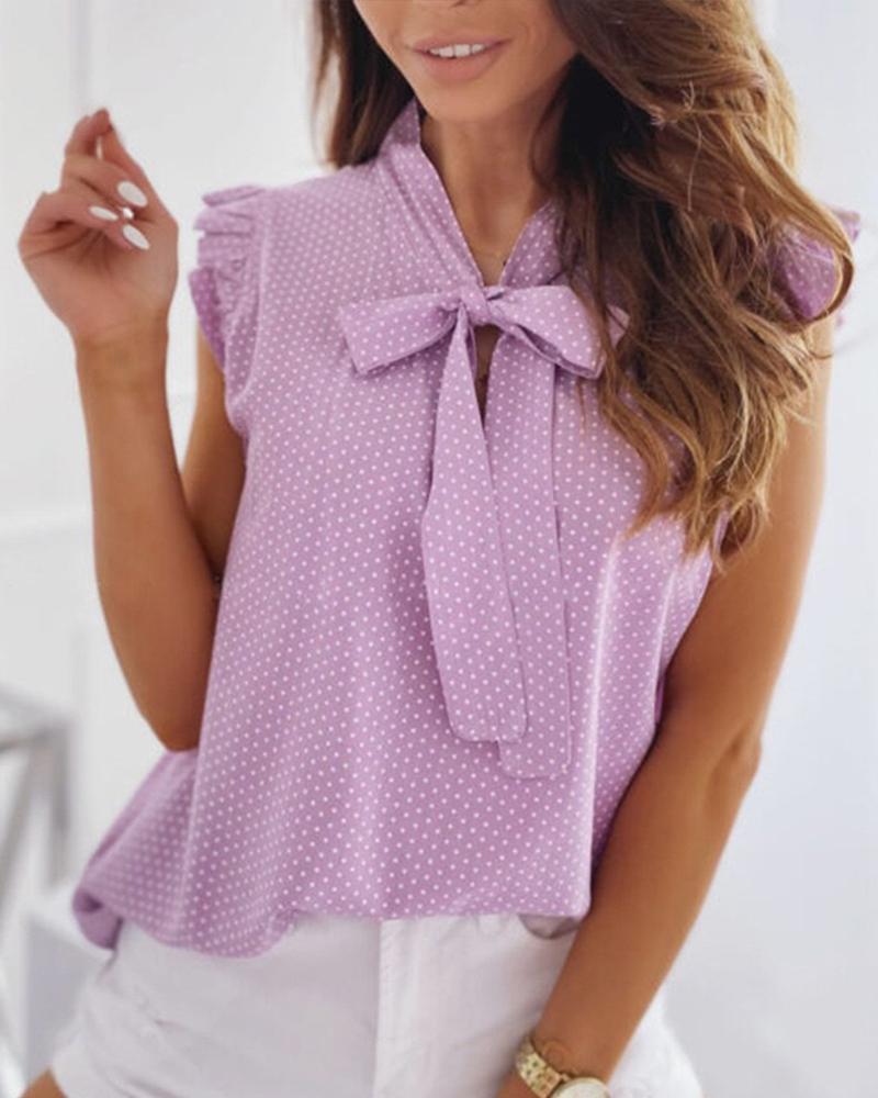 

Solid Sleeveless Ruffles Lace-up Collar Loose Tanks, Purple