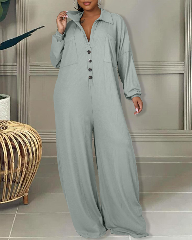 

Long Sleeve Pocket Design Wide Leg Jumpsuit, Gray
