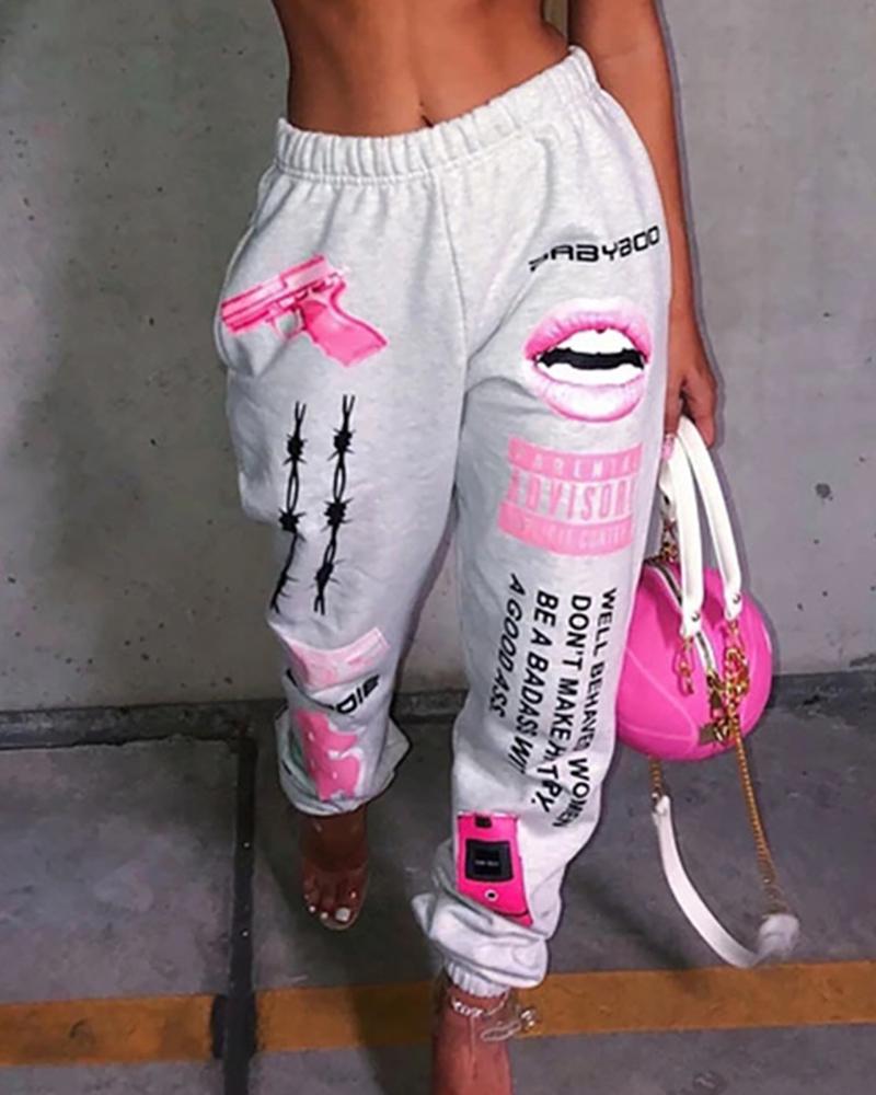 

Lip Letter Graphic Print Casual Harem Pants, Gray