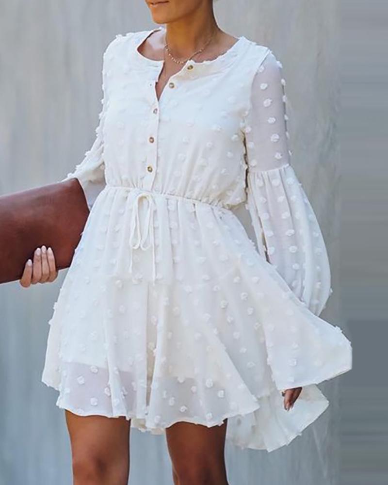 

Swiss Dot Print Lantern Sleeve Casual Shirt Dress, White