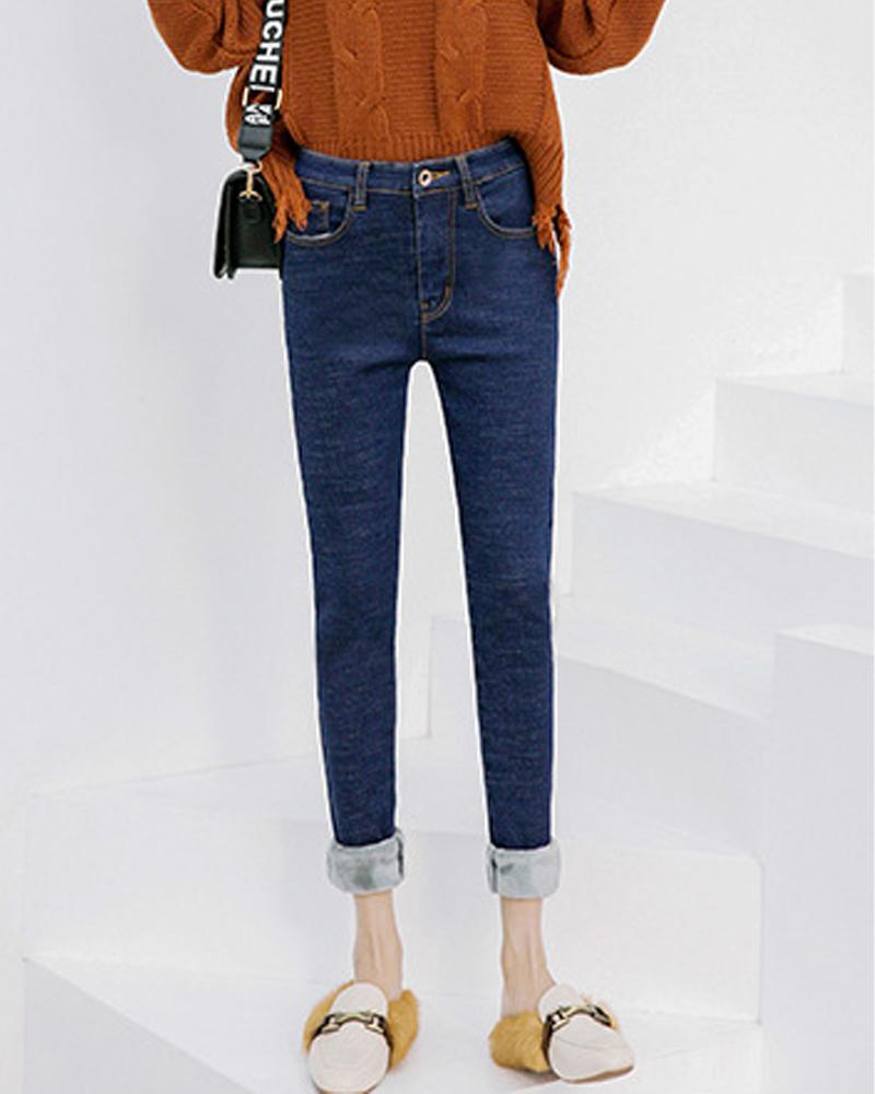 

High Waist Thermal Warm Fleece Lined Jeans, Blue