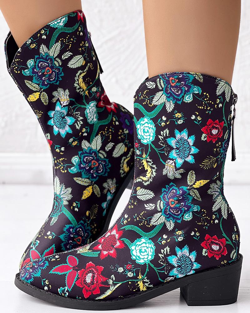 

Vintage Floral Pattern Zipper Back Ankle Boots, Black