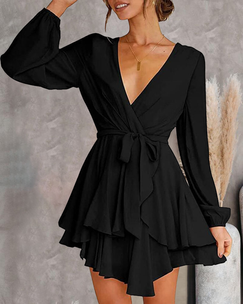 

Long Sleeve Overlap Collar Ruffle Hem Belted Casual Dress, Black