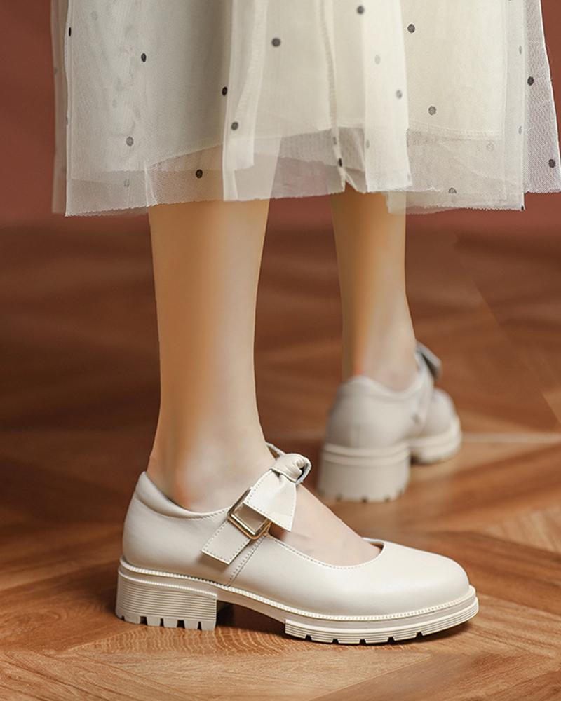 

Round-toe Solid Color Splicing Bow Strap Jenny Shoes, Beige