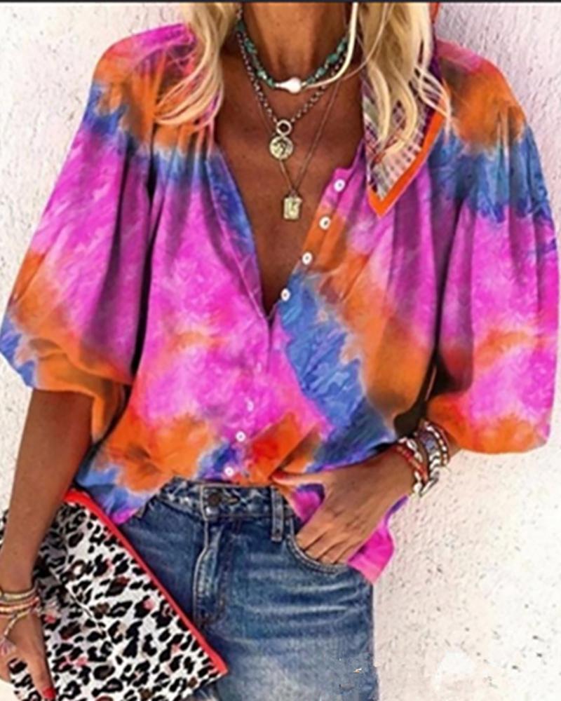 

Colorblock Lantern Sleeve Button Design Shirt, Pink
