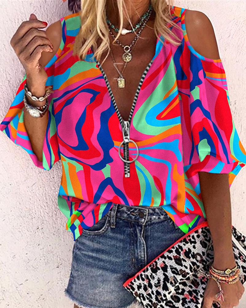 

Abstract Print Zip Front Cold Shoulder Top, Multicolor