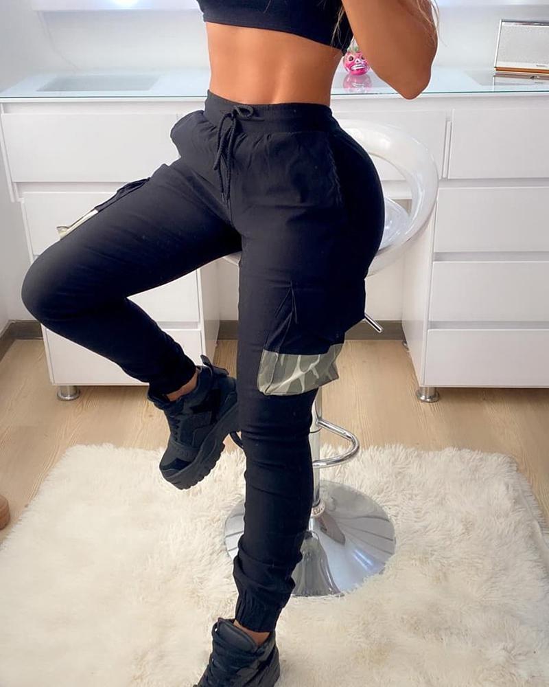 

Colorblock Drawstring Pocket Design Pants, Black