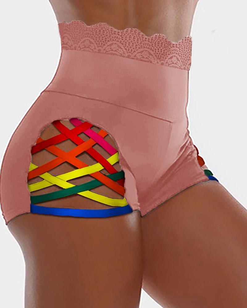 

Lace Trim Colorful Bandage High Waist Shorts, Pink