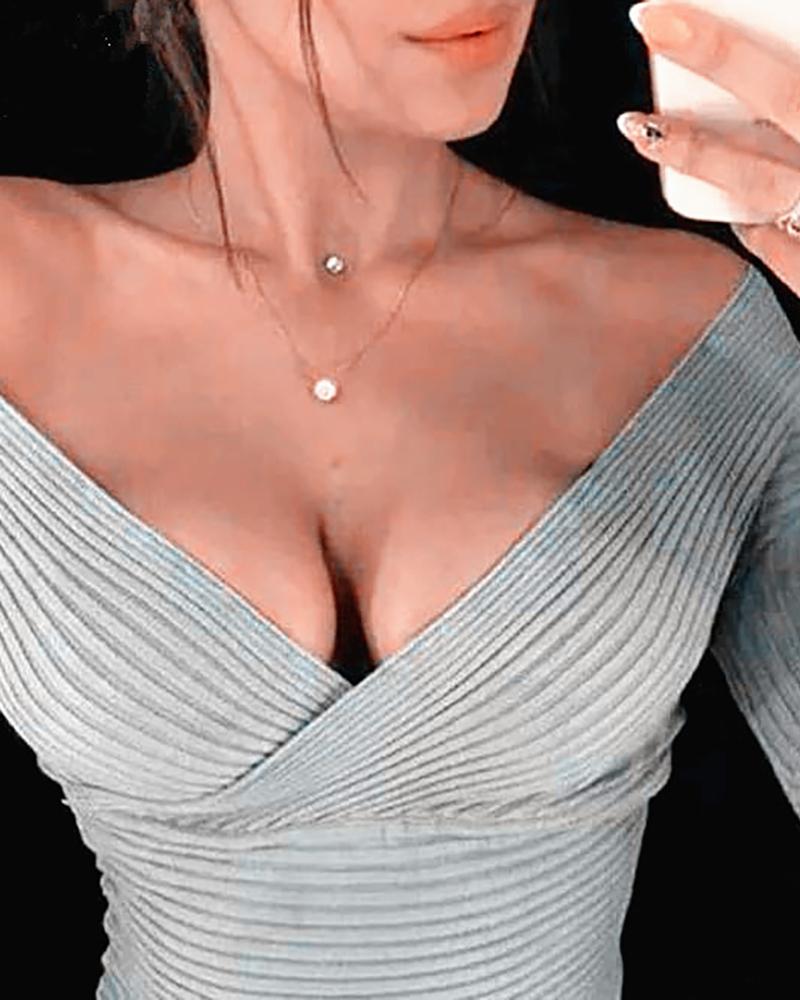 

Plain Long Sleeve Surplice Neck Top, Gray