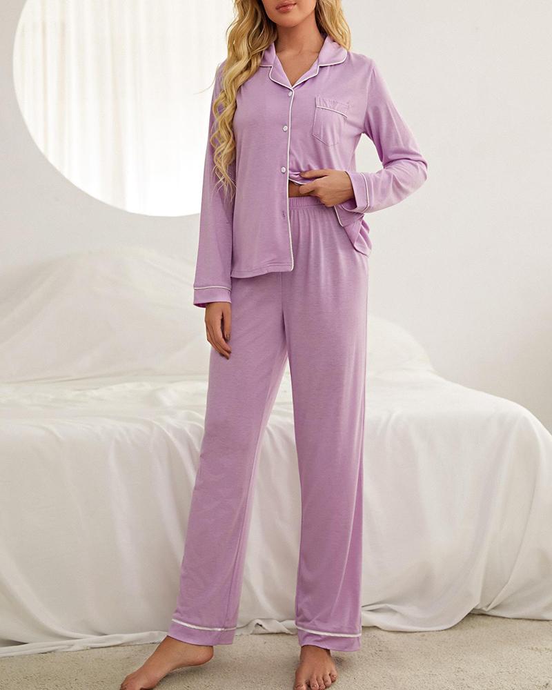 

Long Sleeve Contrast Binding Buttoned Pajamas Set, Light purple