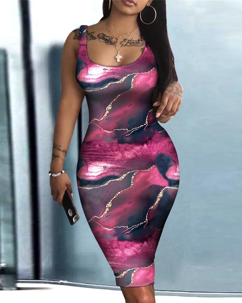 

Marble Print Sleeveless U-Neck Bodycon Dress, Purple