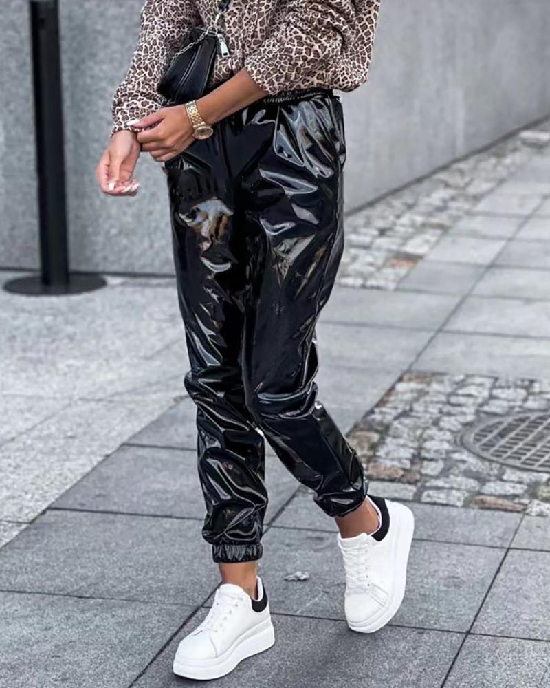 

Shinning Leather High Waist Ruched Pants, Black