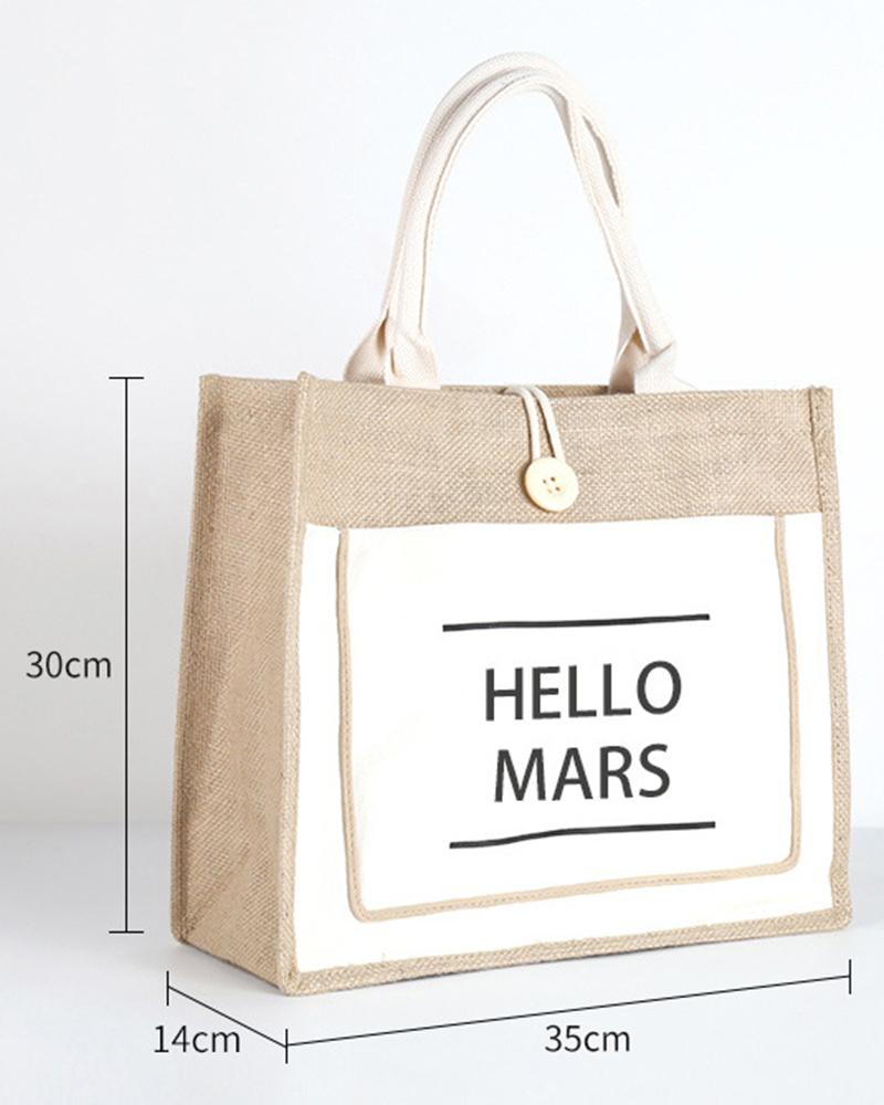 

Hello Weekend Letter Print Top Handle Shopping Gift Tote Bag, Beige