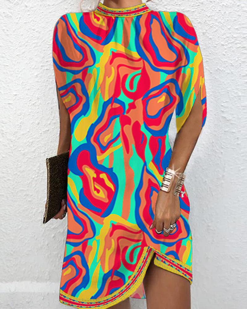 

Multi-Color Abstract Print Mock Neck Casual Dress, Orange