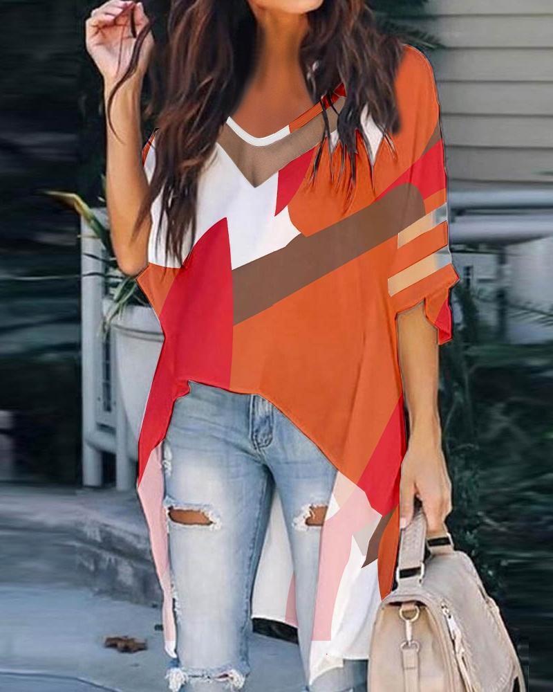 

Colorblock Contrast Mesh Batwing Sleeve High Low Hem Top, Orange