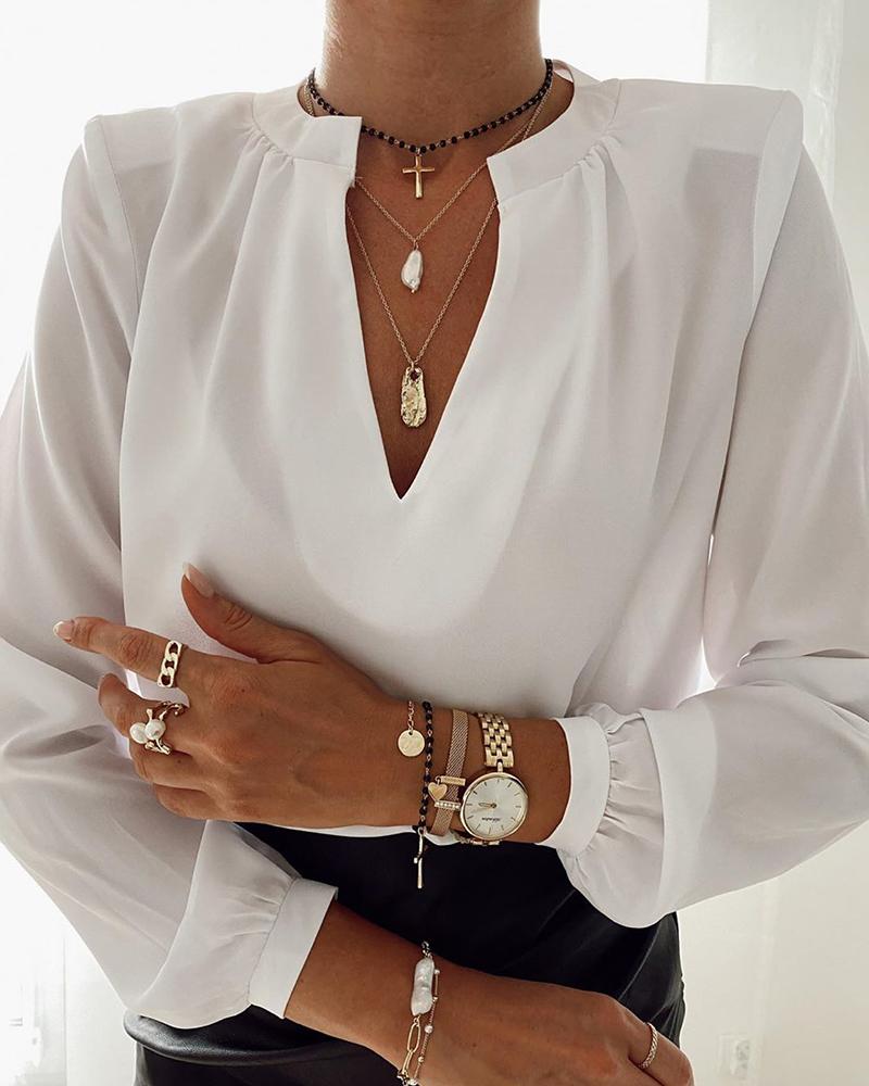 

Solid Long Sleeve Loose OL Blouse, White
