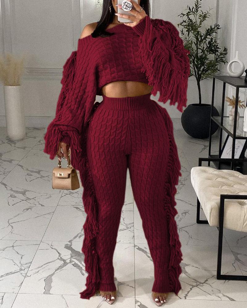 

Knit Tassel Design Sweater & High Waist Pants Set, Wine red