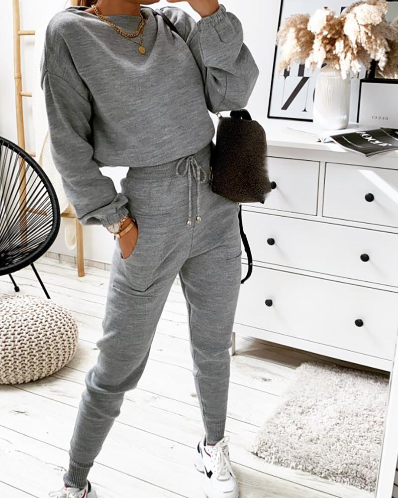 

Plain Long Sleeve Women Top & Drawstring Pants Set, Gray