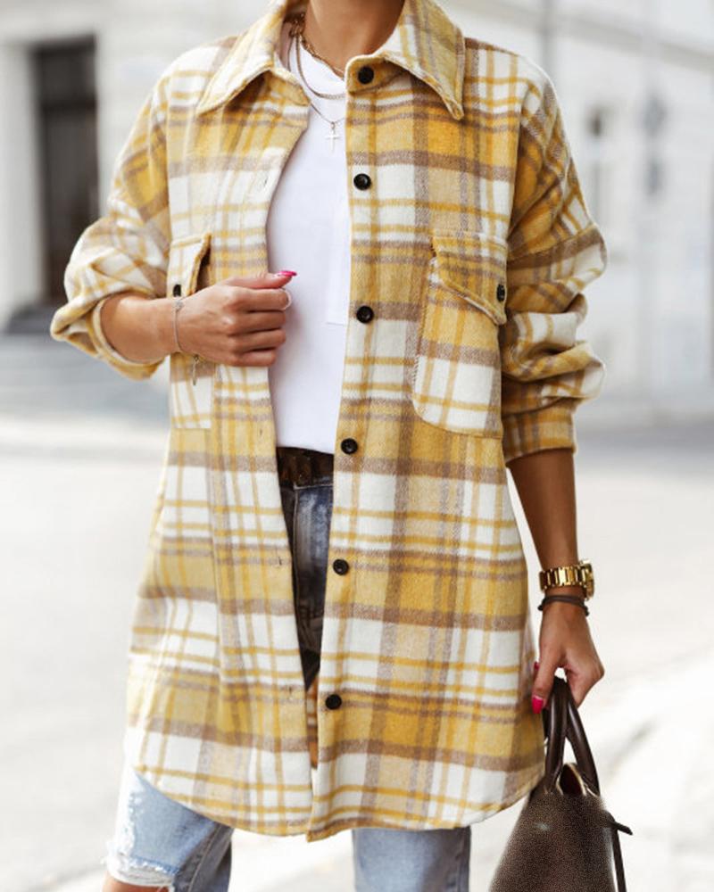 

Plaid Print Buttoned Pocket Design Coat, Yellow