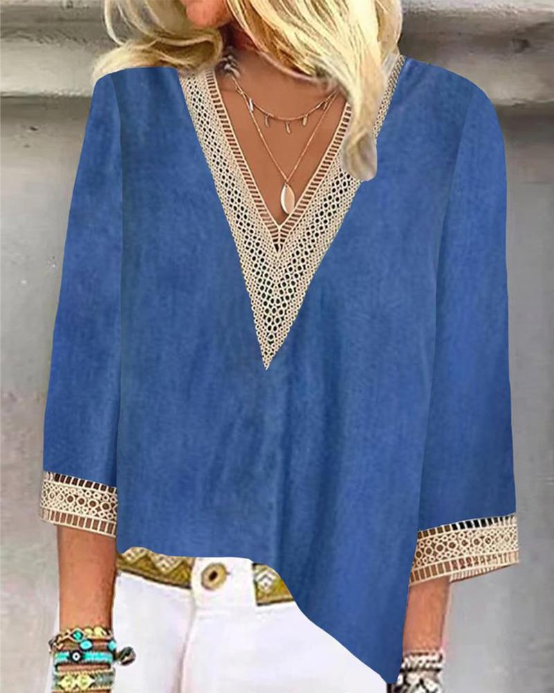 

Contrast Paneled Lace Patch V-Neck Top, Blue