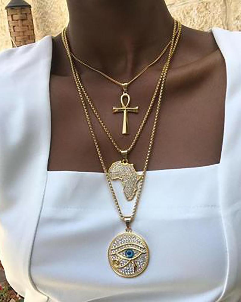 

Cross & Graphic & Devil Eyes Pendant Necklace, Gold