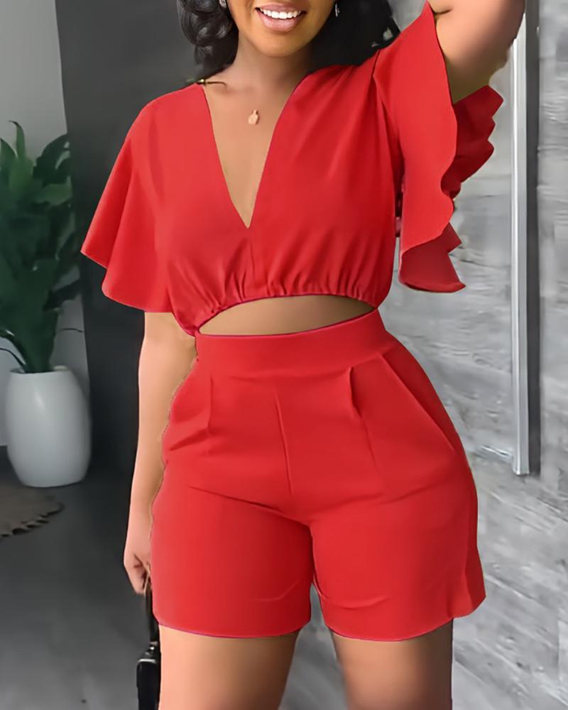 

V-Neck Flutter Sleeve Crop Top & Shorts Set, Red