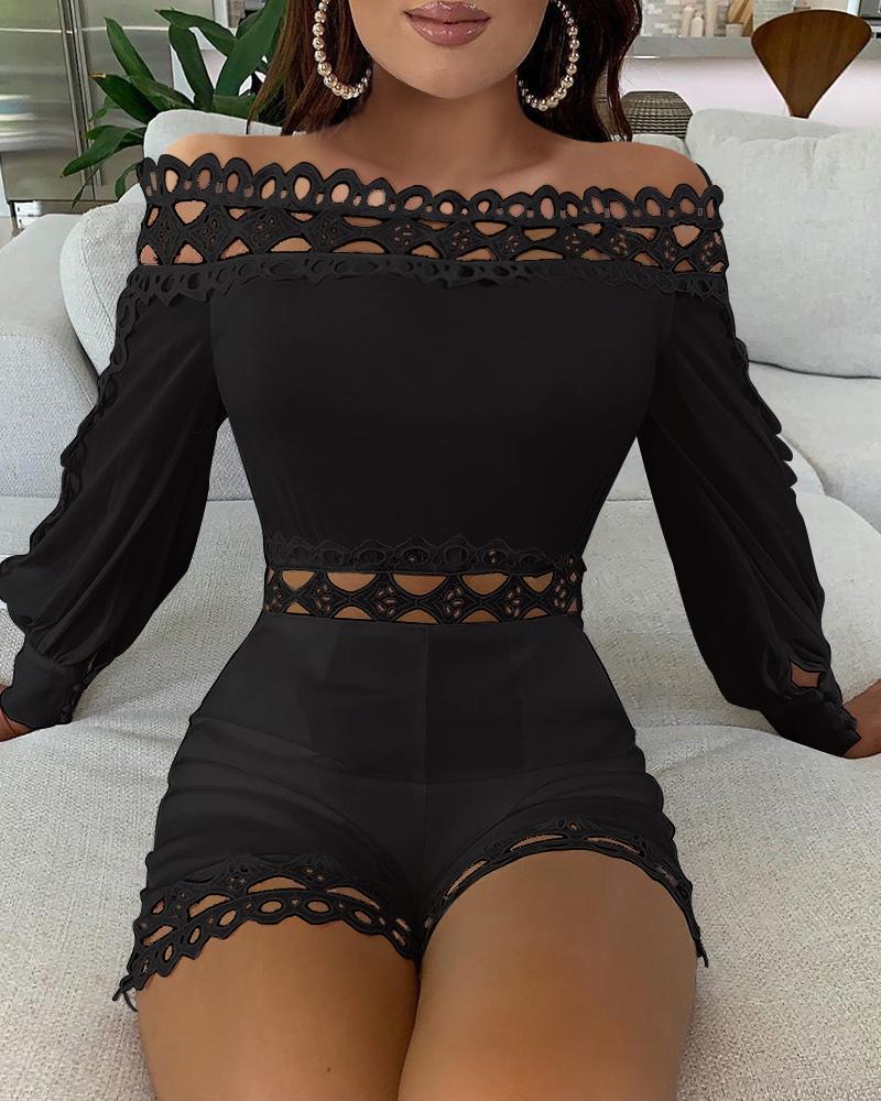 

Off Shoulder Lattice Detail Hollow Out Romper, Black