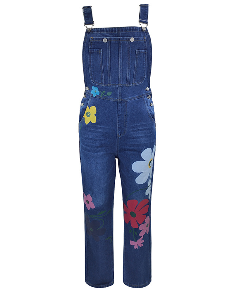 

Floral Print Pocket Design Suspender Denim Jumpsuit, Blue