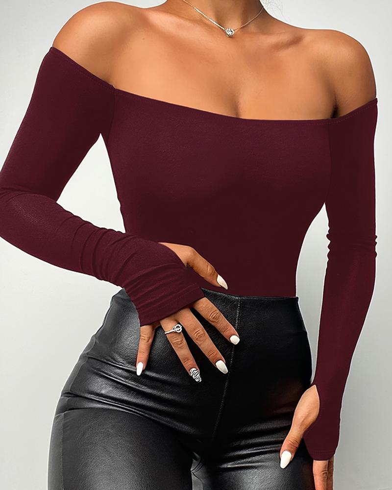 

Off Shoulder Long Sleeve Skinny Casual Top, Wine red