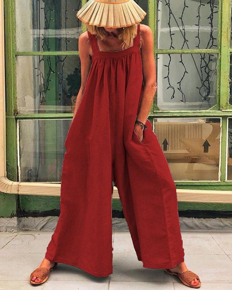 

Ruched Pocket Decor Casual Wide Leg Jumpsuit, Dark red