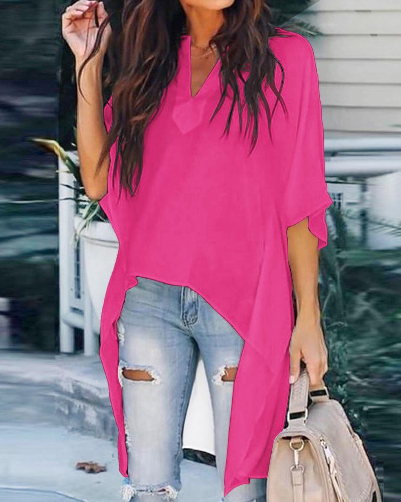 

Batwing Sleeve High Low Hem Casual Top, Rose red